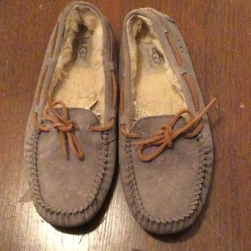 UGG Women's Suede Moccasin Slippers in Light Gray with Tan Laces